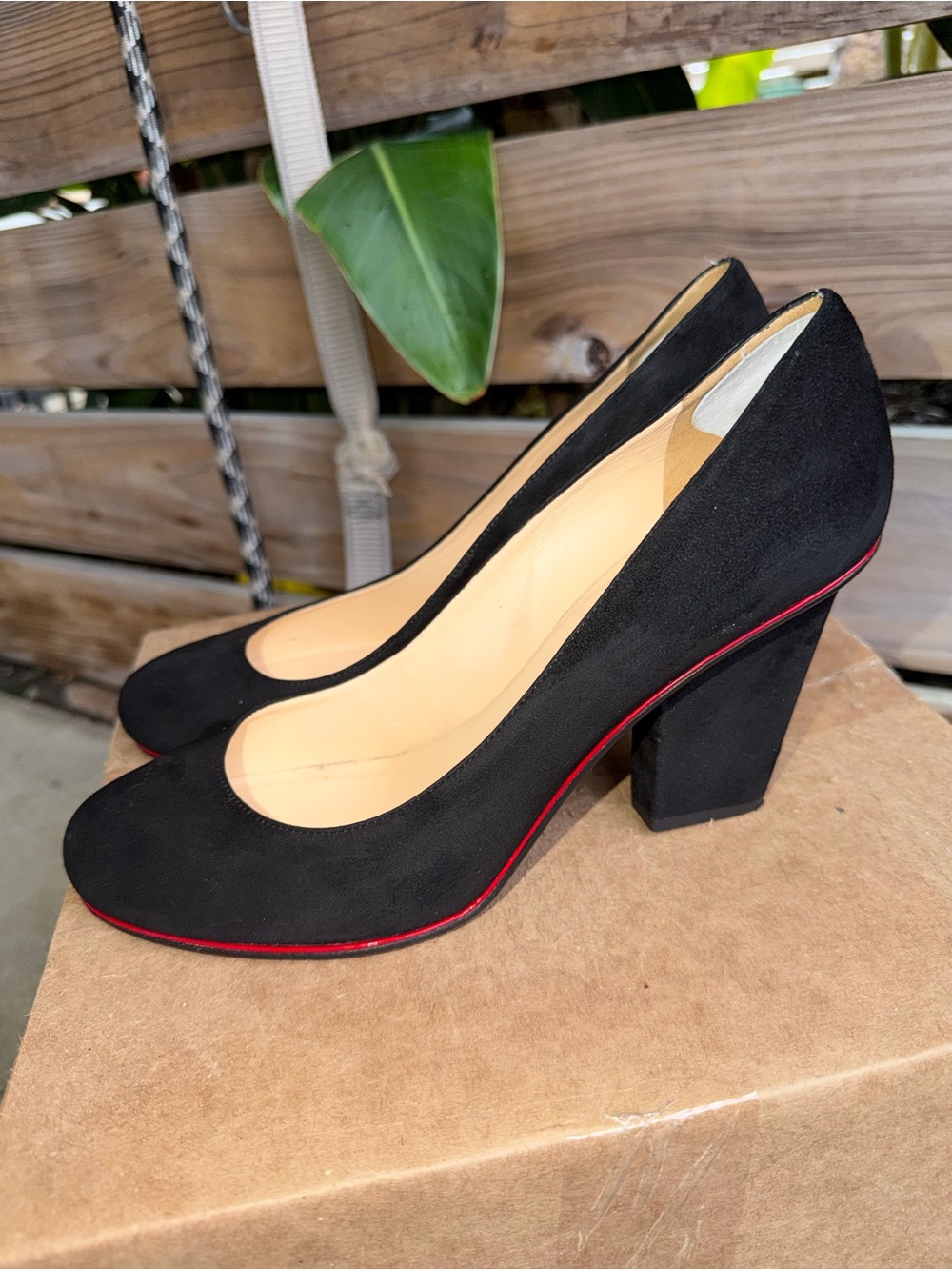 kate spade Black Suede Block Heels with Red Accent
